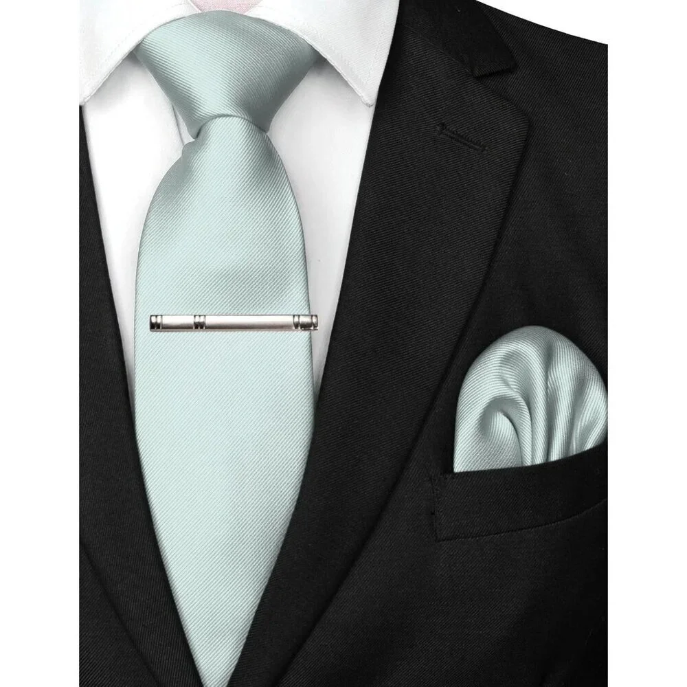 Men's Silver 2 Colour Formal Necktie and Pocket Square Tie Clip Sets